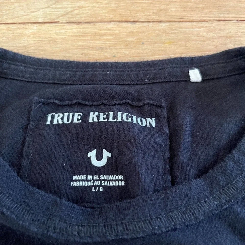 True Religion Mens Logo Graphic T Shirt Metallic Lettering Black Size L
